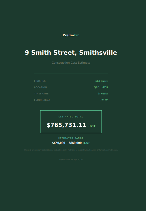 Branded preliminary estimate cover page for 9 Smith Street, Smithsville, $765,731.11 +GST