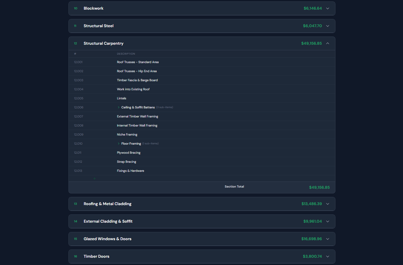 Expanded Structural Carpentry section showing 13 line items totalling $49,156.85